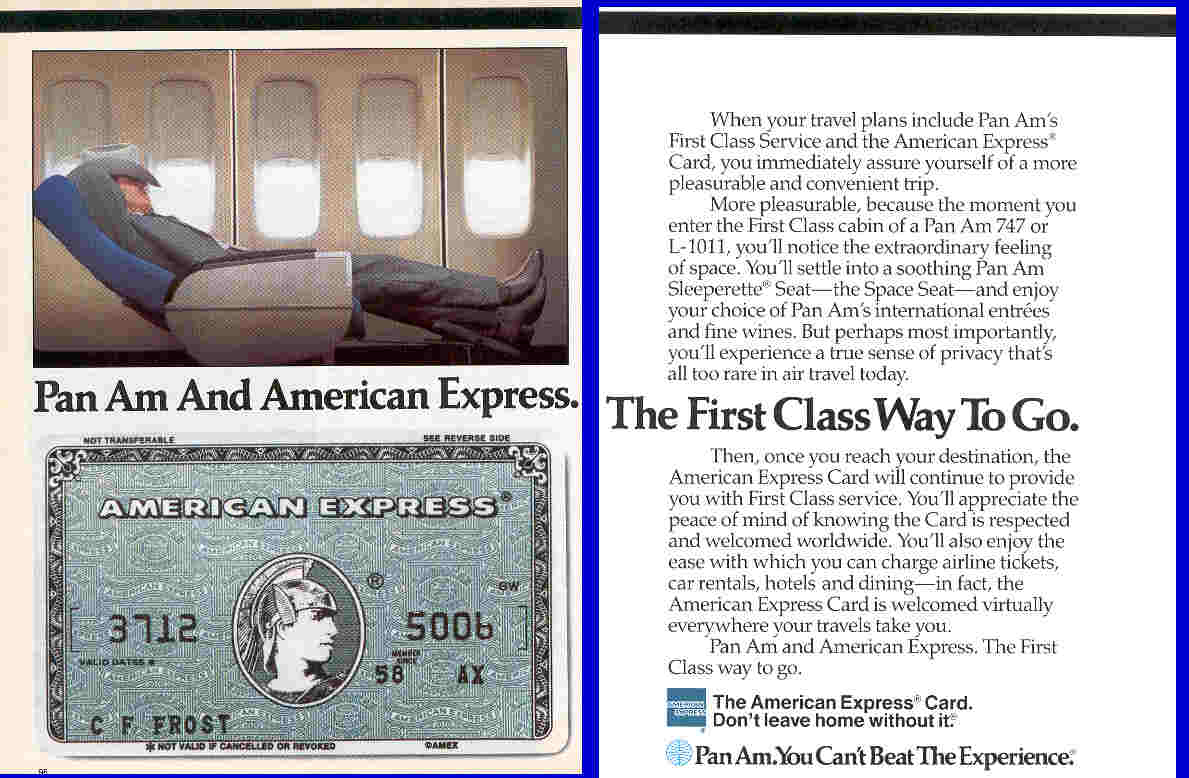 198i0s A joint Pan Am & American Express ad promoting the First Class Sleeperette seat.
